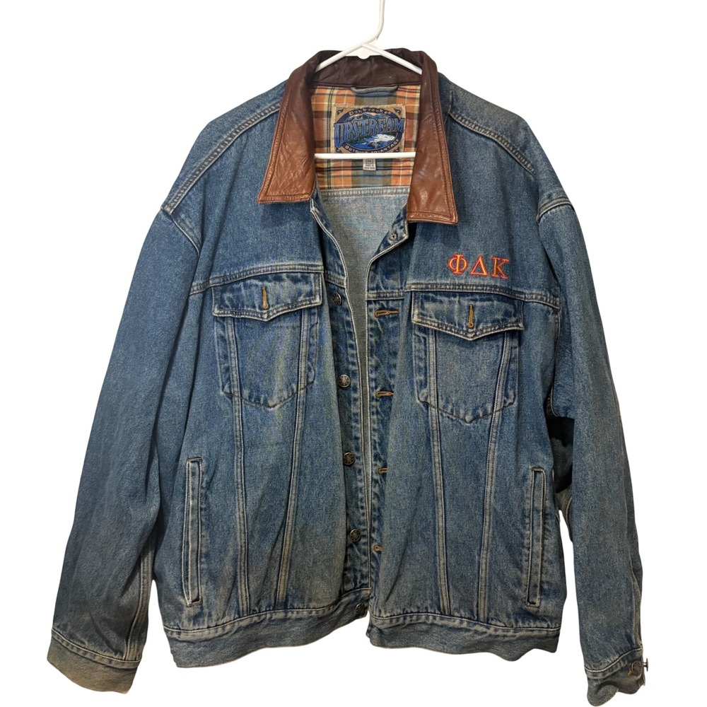 Dunbrooke Upstream Denim Jacket Mens 3XL Blue Leather Collar Plaid Lined